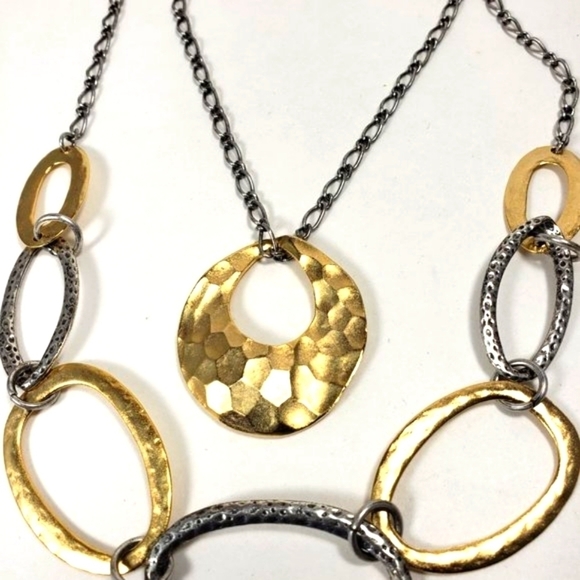 Stunning Dual Tone Multi-layered Hammered Hoops Necklace - Chic Women - 22 long - Picture 9 of 13